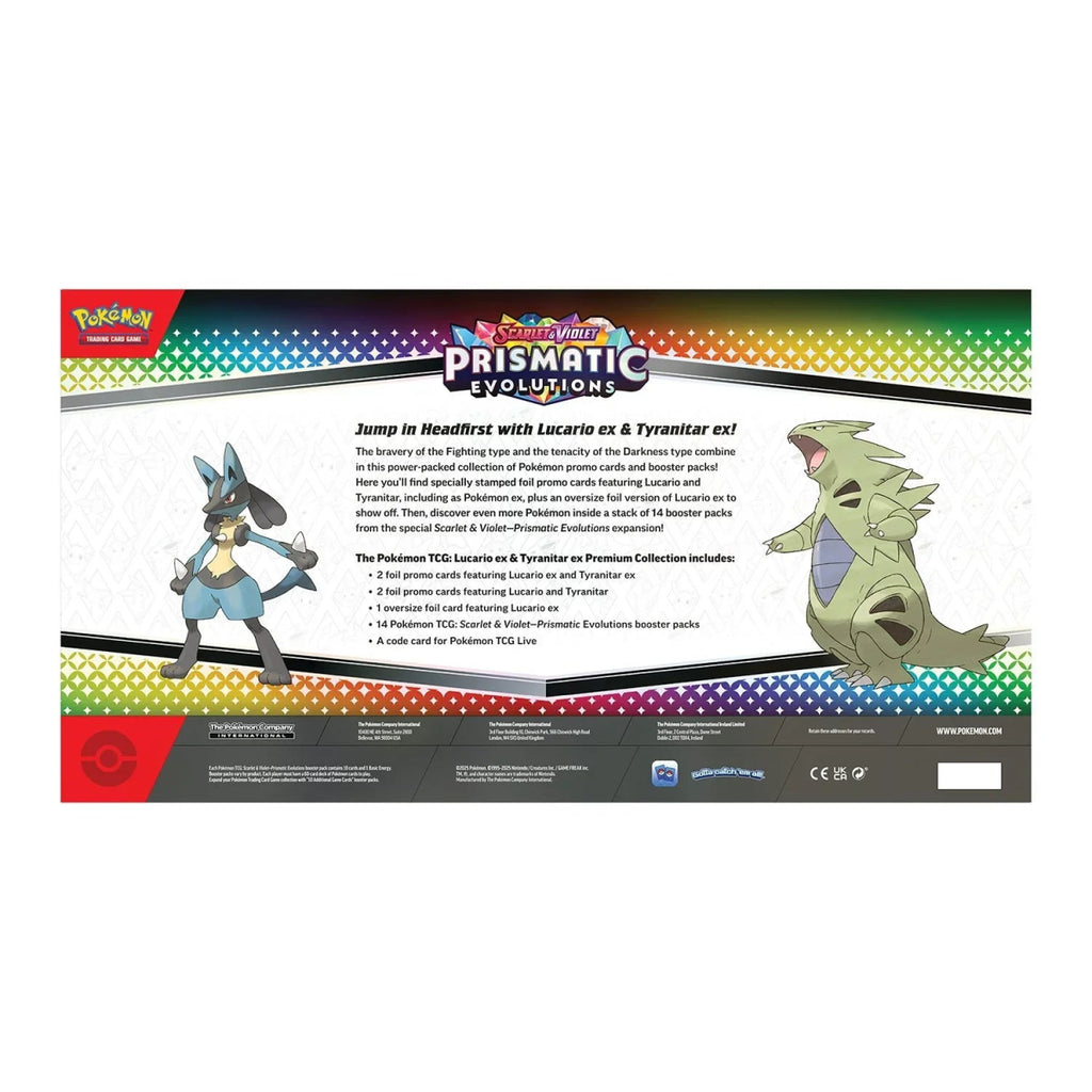 [BESCHADIGD] Pokémon Scarlet & Violet – SV8.5 Prismatic Evolutions – Lucario ex & Tyranitar ex Premium Collection - TYRA TCG