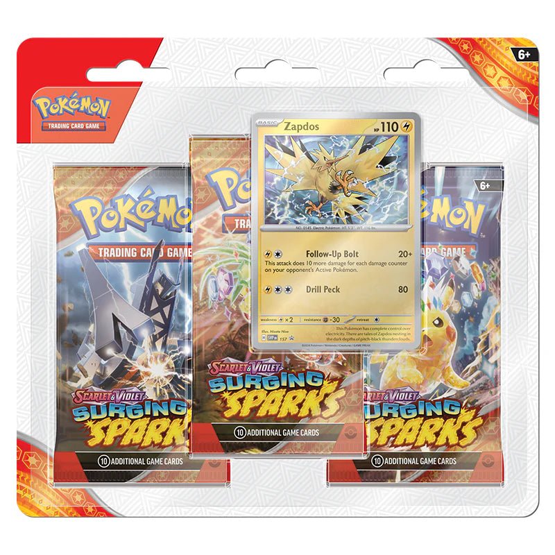 Pokémon Scarlet & Violet – SV08 Surging Sparks – 3 - Pack Blister Zapdos (3 Boosters) - TYRA TCG